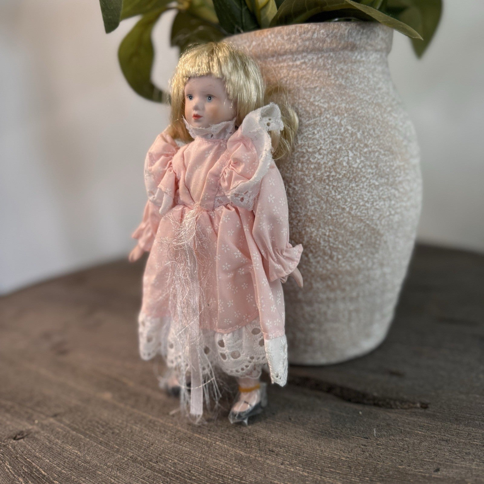 Vintage Porcelain Doll Blonde Blue Eyes Pink Floral Dress Lace Trim 8" Taiwan
