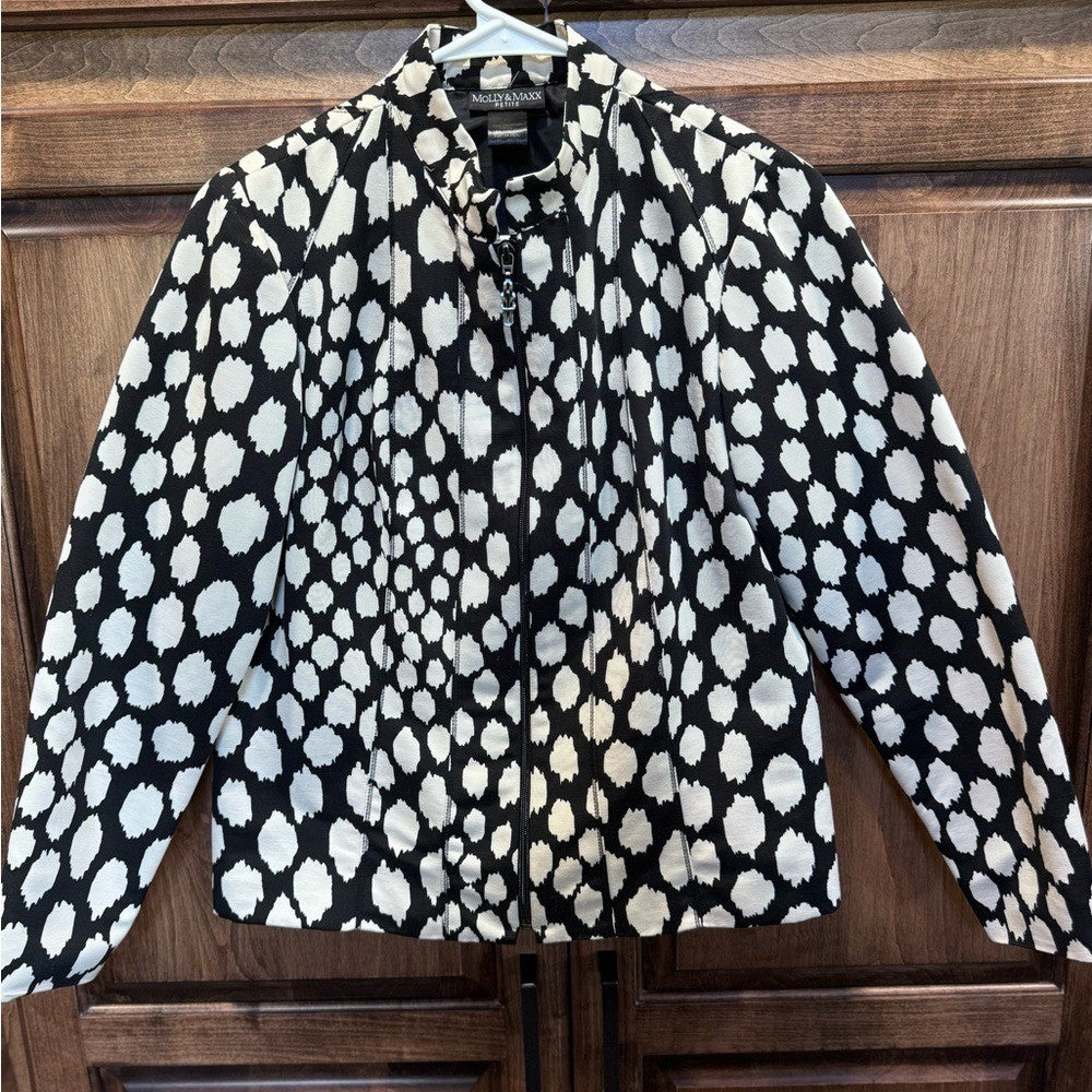 Molly & Maxx Black and White Zip Up Jacket Blazer Size Petite Medium Lined Dots