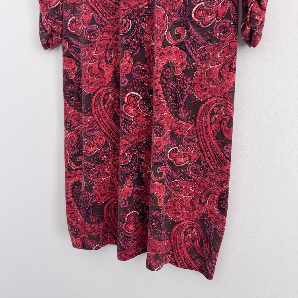 J Jill Sz Small Red Paisley Faux Wrap Vneck 3/4 Sleeve Pima Cotton Dress Stretch