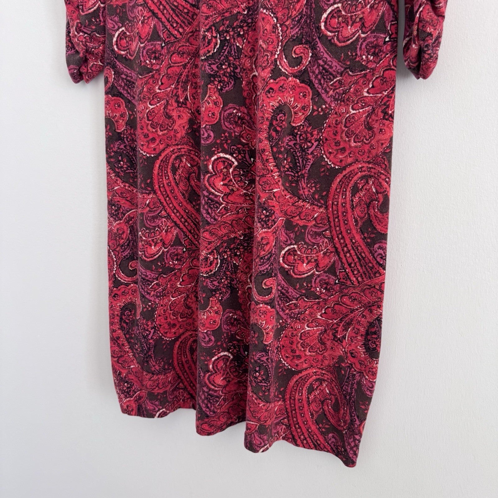 J Jill Sz Small Red Paisley Faux Wrap Vneck 3/4 Sleeve Pima Cotton Dress Stretch