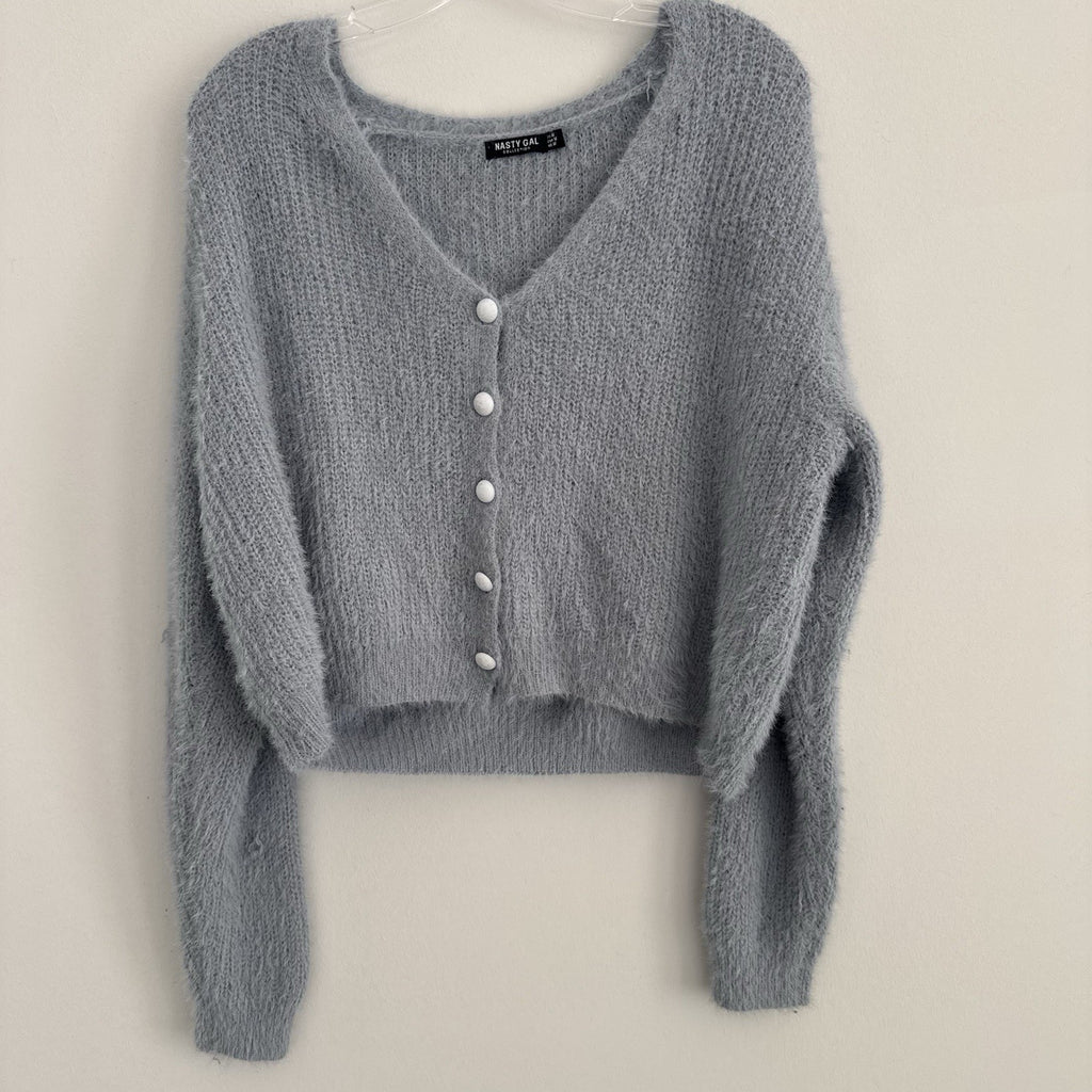 Nasty Gal Y2K Fuzzy Knit Cropped Cardigan Gray V Neck Button M
