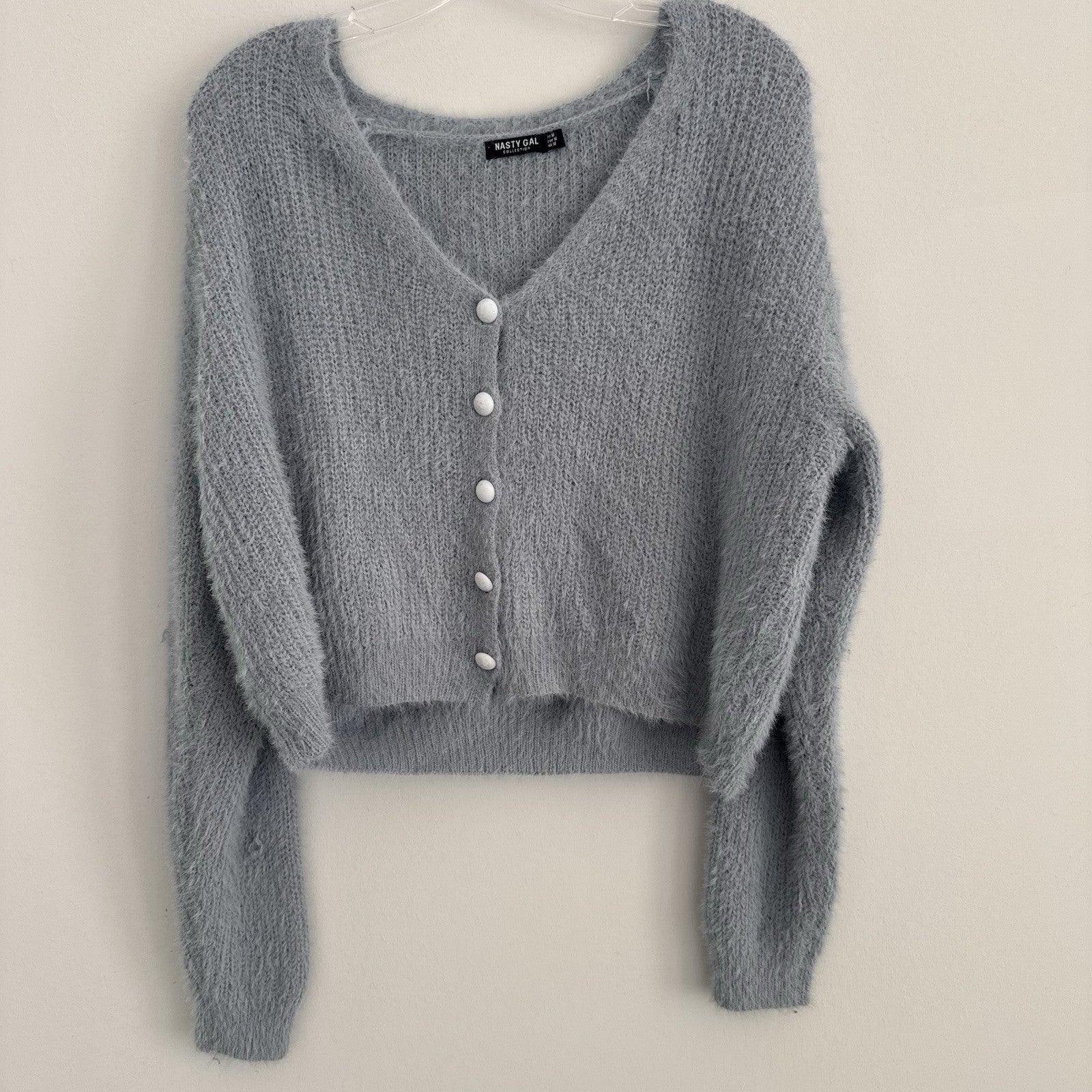 Nasty Gal Y2K Fuzzy Knit Cropped Cardigan Gray V Neck Button M