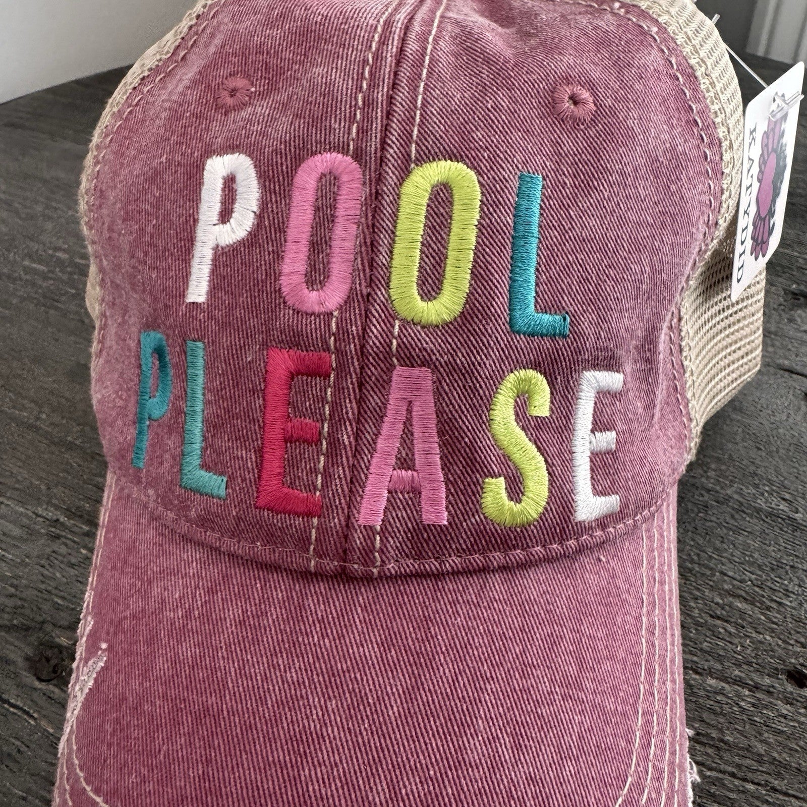 Pool Please Hat KatyDid Pink Trucker Distressed Mesh Snapback Cap NWT Boutique