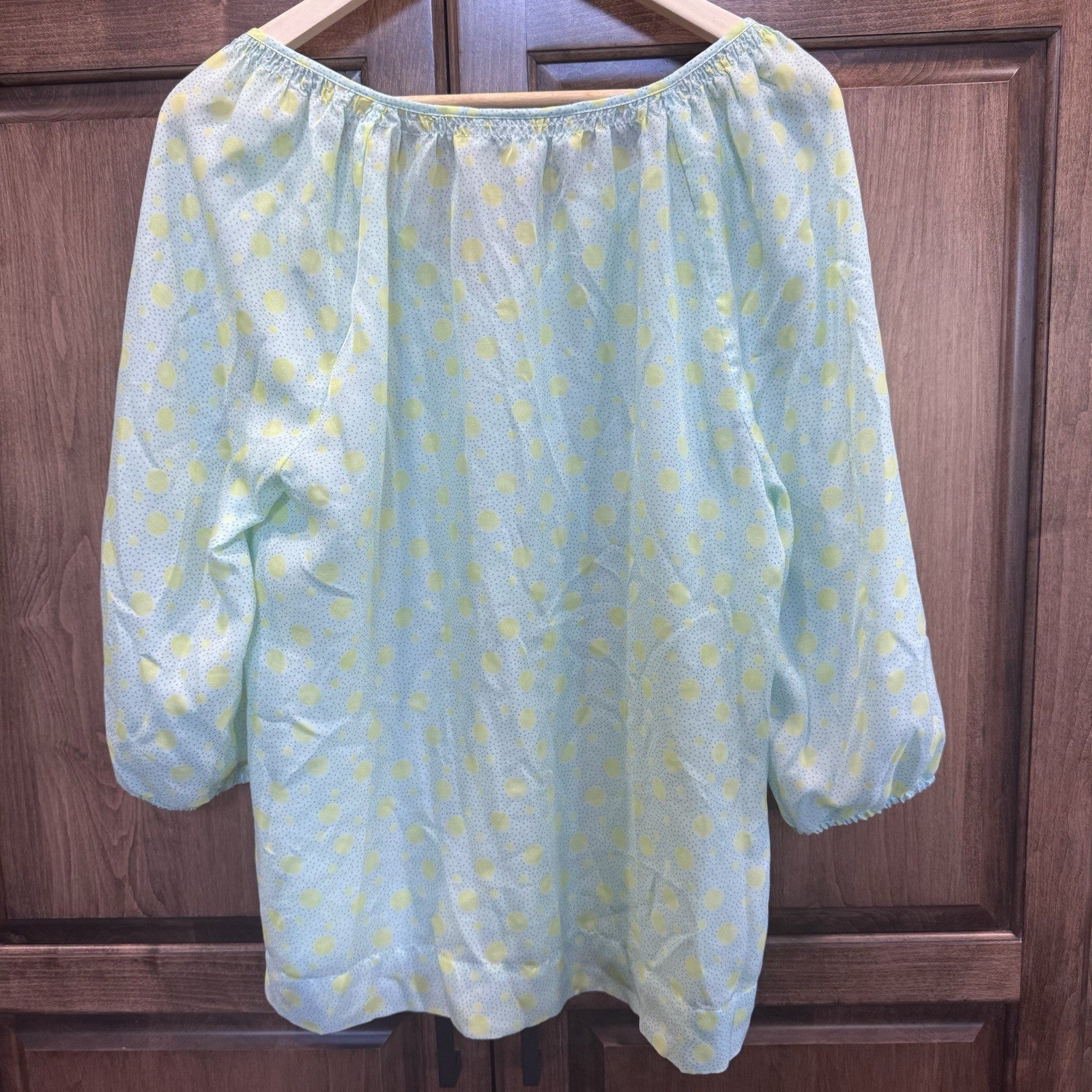 LOFT Women’s Blouse Large Green Polka Dot Peasant Top Long Sleeve Boho Sheer