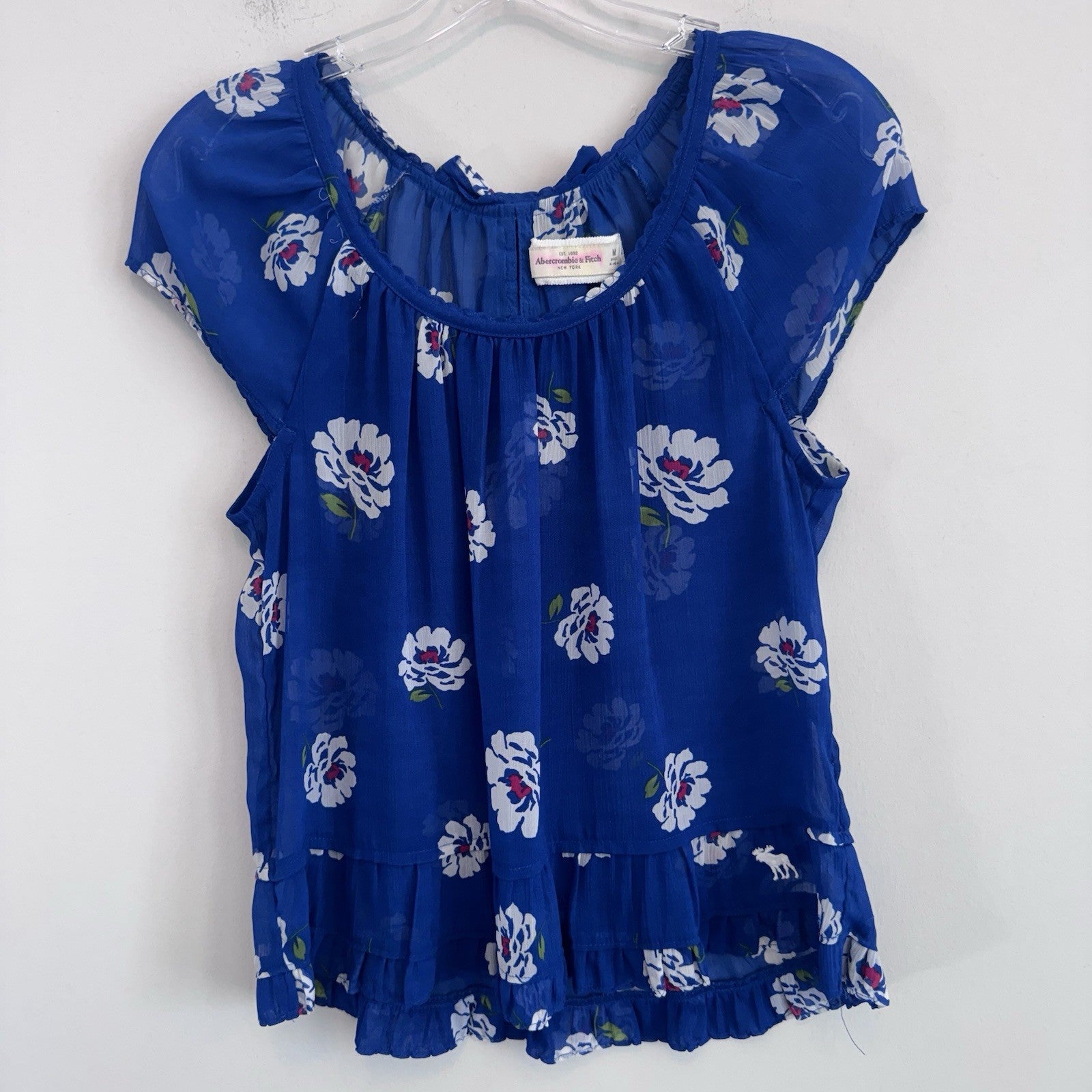 Abercrombie & Fitch Blue Floral Sheer Ruffle Blouse Top Medium Boho