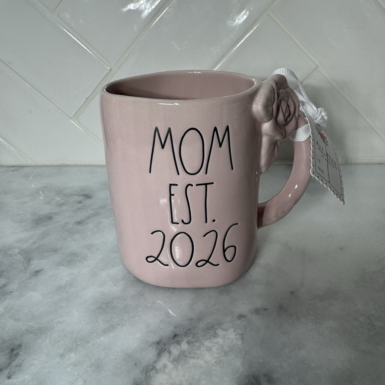 Rae Dunn MOM EST. 2026 Pink Mug Bow Handle Baby Shower New