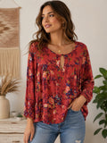 American Eagle Floral Boho Peasant Top Small Coral Pink Keyhole Long Sleeve