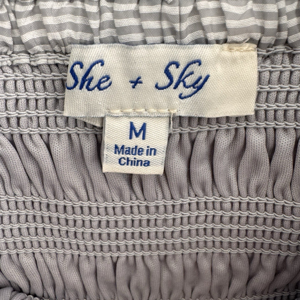 She + Sky Striped Smocked Mini Dress Women's Size M Puff Sleeve Tiered Boho