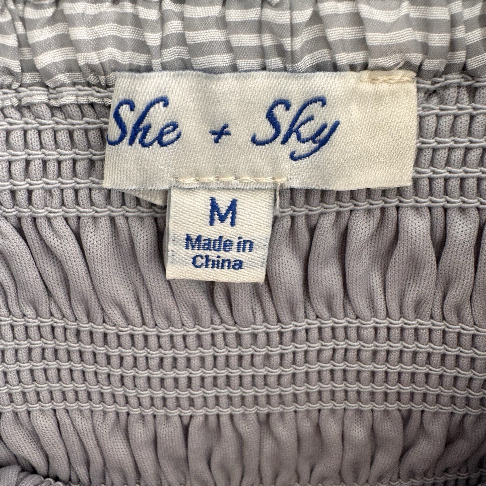 She + Sky Striped Smocked Mini Dress Women's Size M Puff Sleeve Tiered Boho