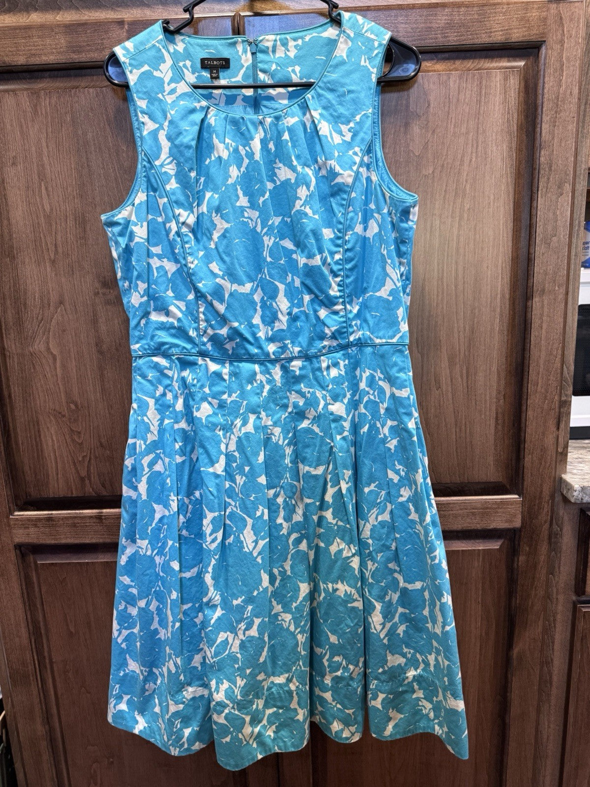Talbots Womens Size 14 Sleeveless Aqua Blue White Floral Fit and Flare Dress