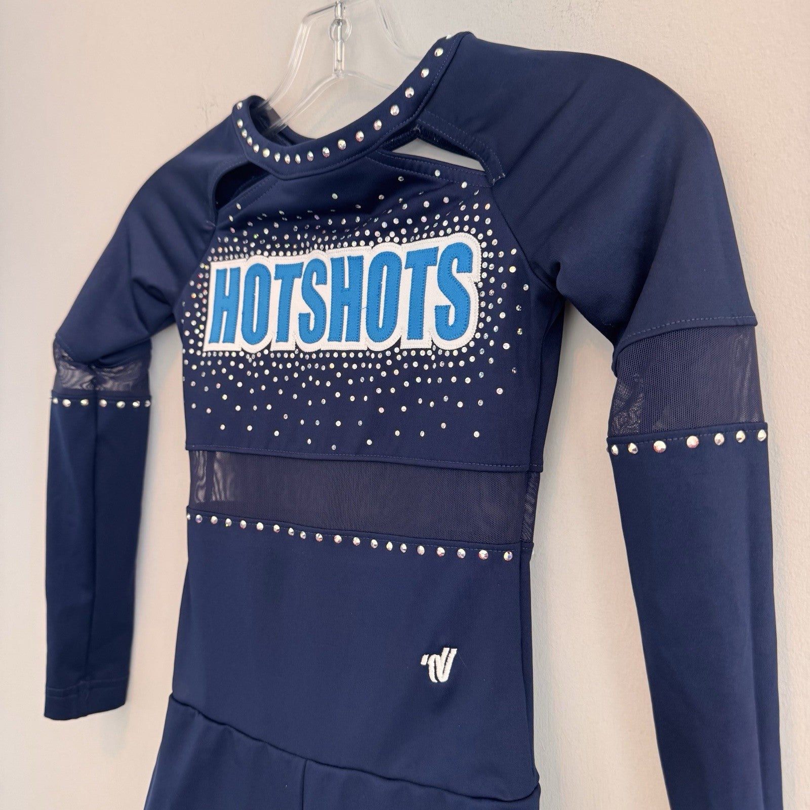 Varsity Spirit Hotshots Girls YM Navy Blue Rhinestone Cheer Uniform Romper
