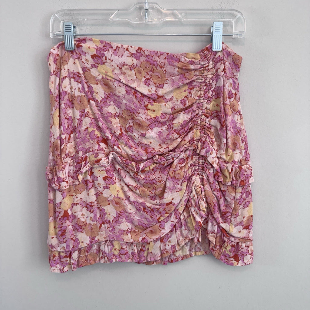 Her Entire Name Says Grace Floral Ruched Mini Skort Pink Ruffle Size L Boho