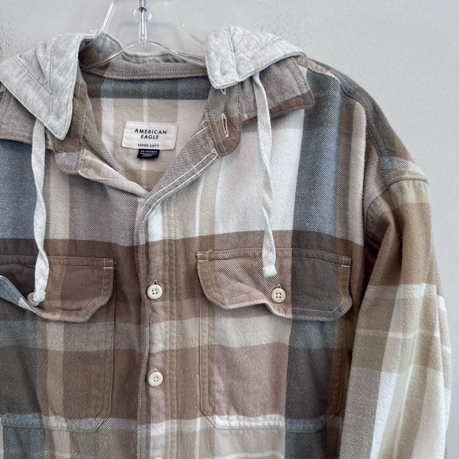 American Eagle Hooded Flannel Shirt XS Plaid Button Front Removable Hood