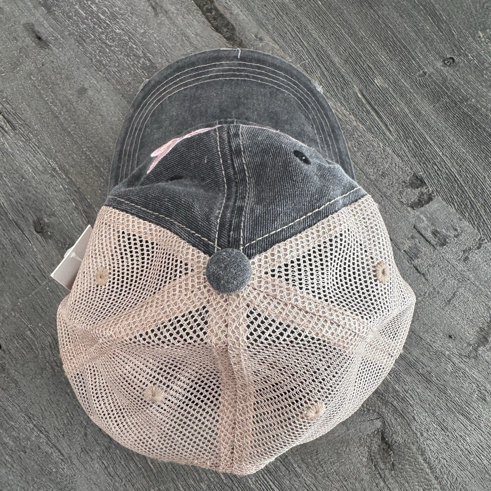 Katydid TX Floral Embroidered Hat Distressed Trucker Cap Black Pink Adjustable