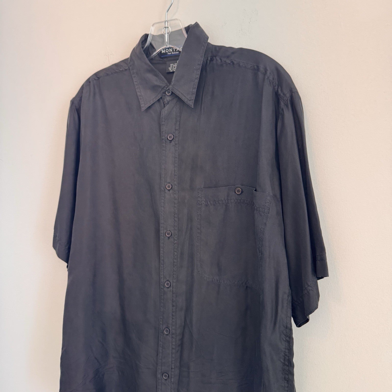 Montage Pour Homme Vintage 100% Silk Shirt Mens Small Black S/S Button Down