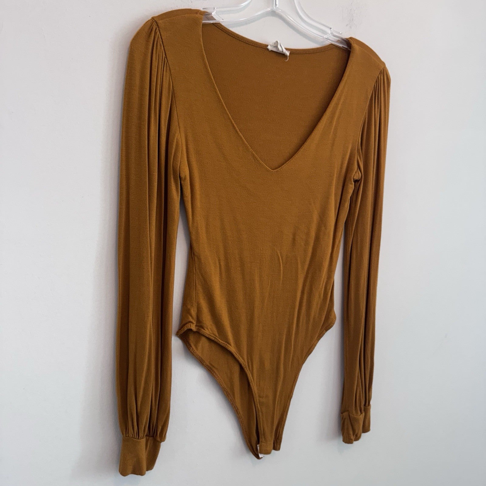 Peach Love Club Bodysuit Womens S Brown Boho Puff Sleeve V Neck