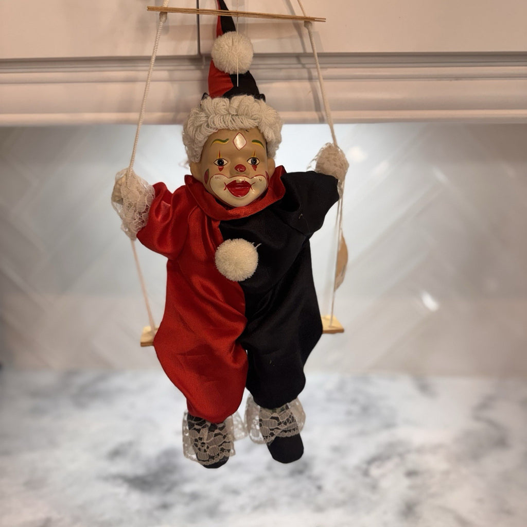Vintage BVI Inc Porcelain Face Clown on Wooden Swing Red Black Harlequin Jester