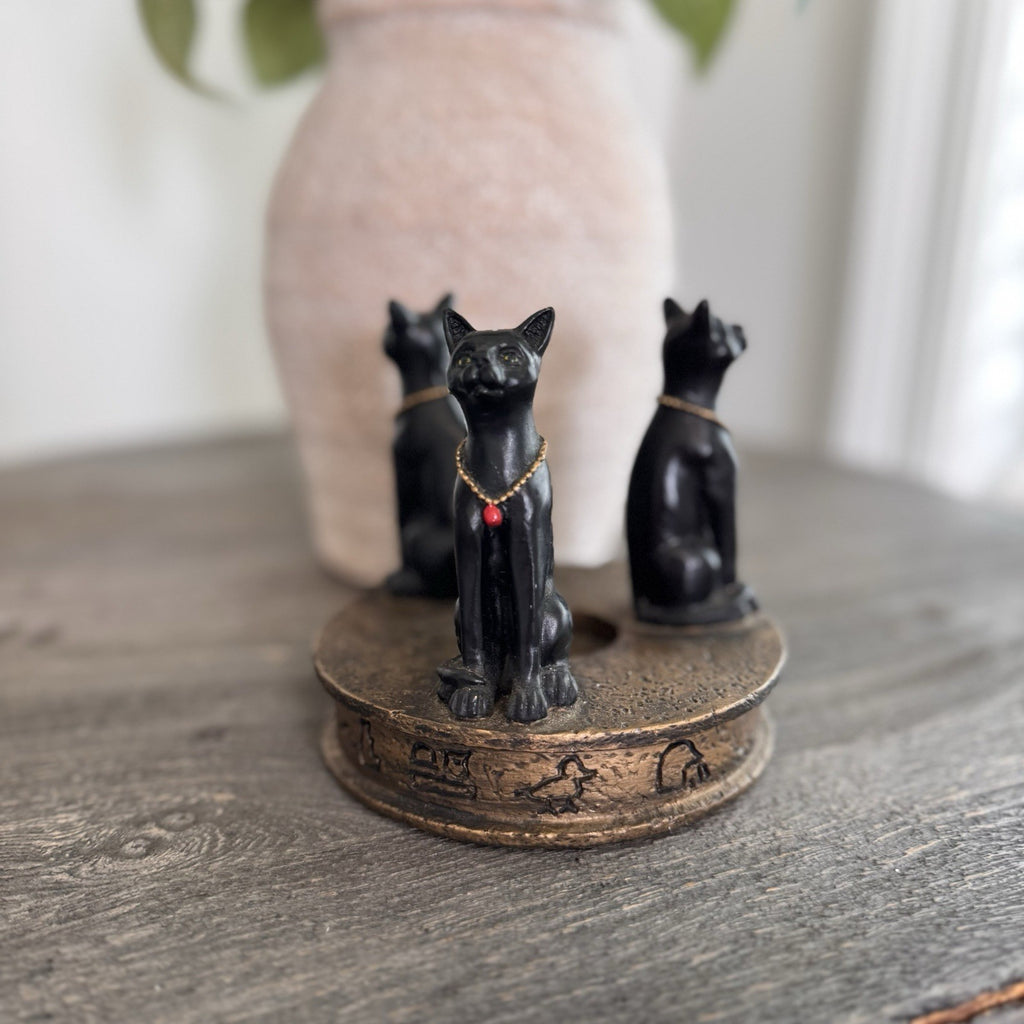 Egyptian Bastet Cat Candle Holder Trio Black Gold Resin Hieroglyphics Base