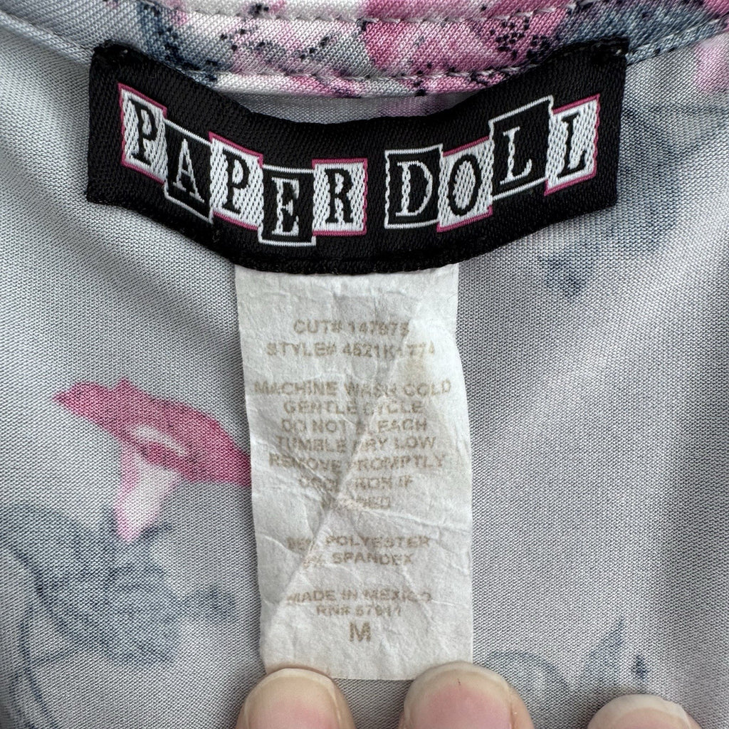 Paper Doll Women’s Floral Wrap Dress Gray Pink Flutter Sleeve Size M