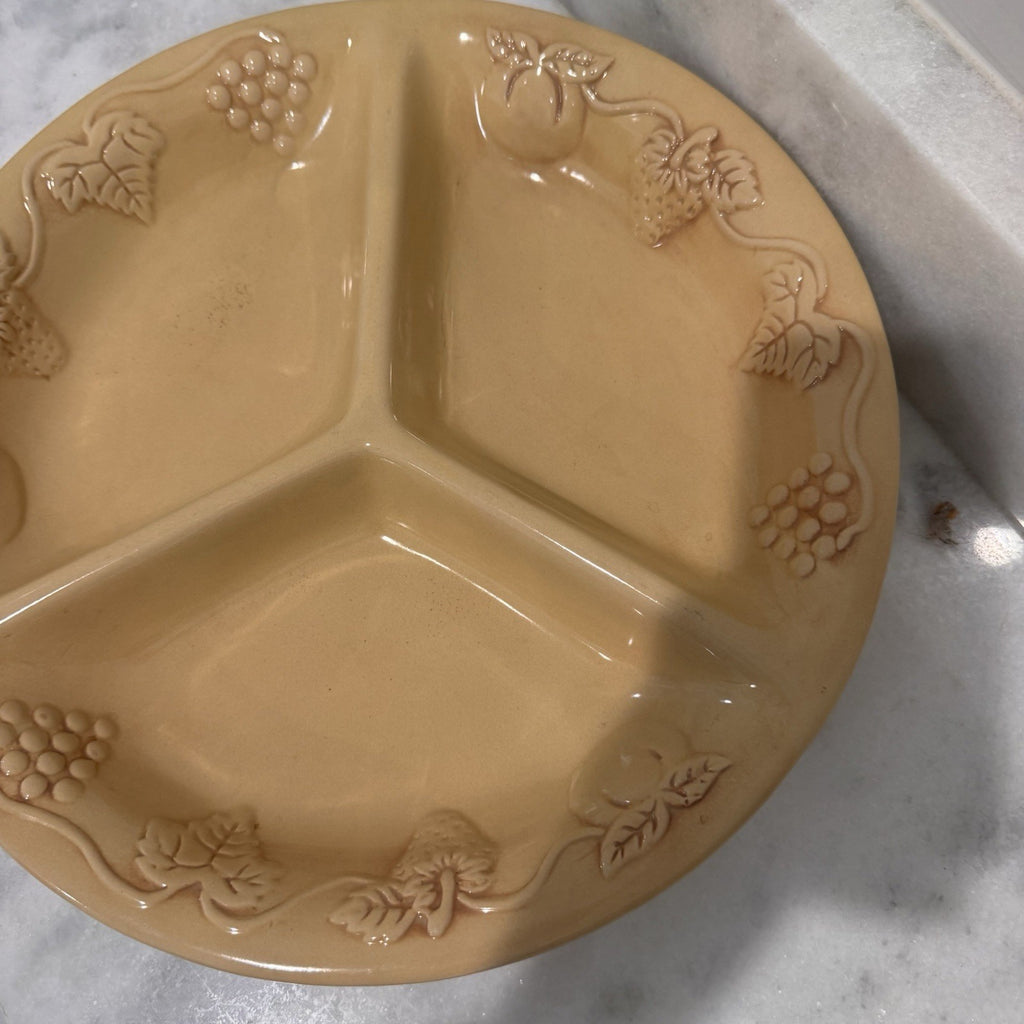 Vintage Ceramic Divided Serving Tray 13" Round 3-Section Appetizer Platter Yello
