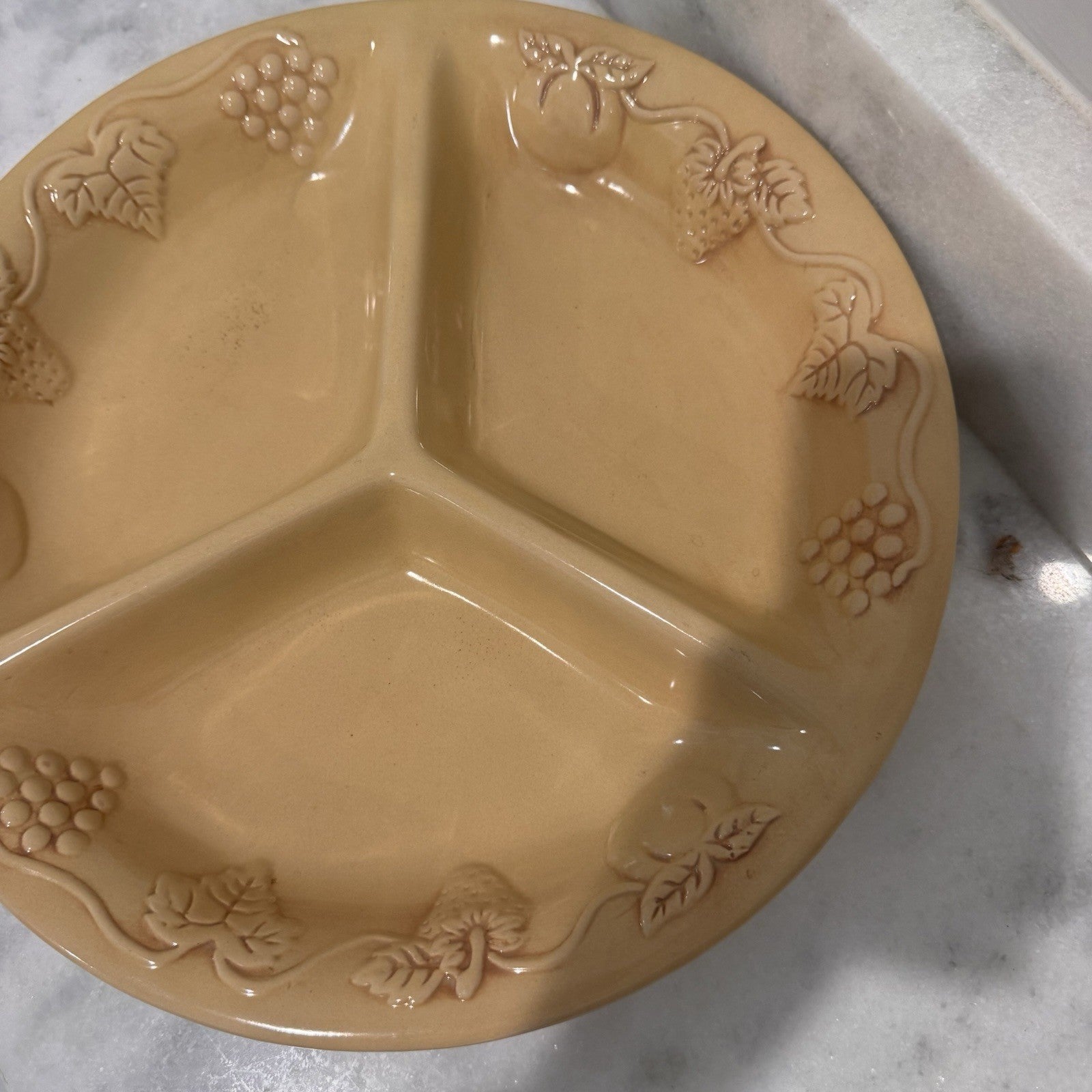 Vintage Ceramic Divided Serving Tray 13" Round 3-Section Appetizer Platter Yello
