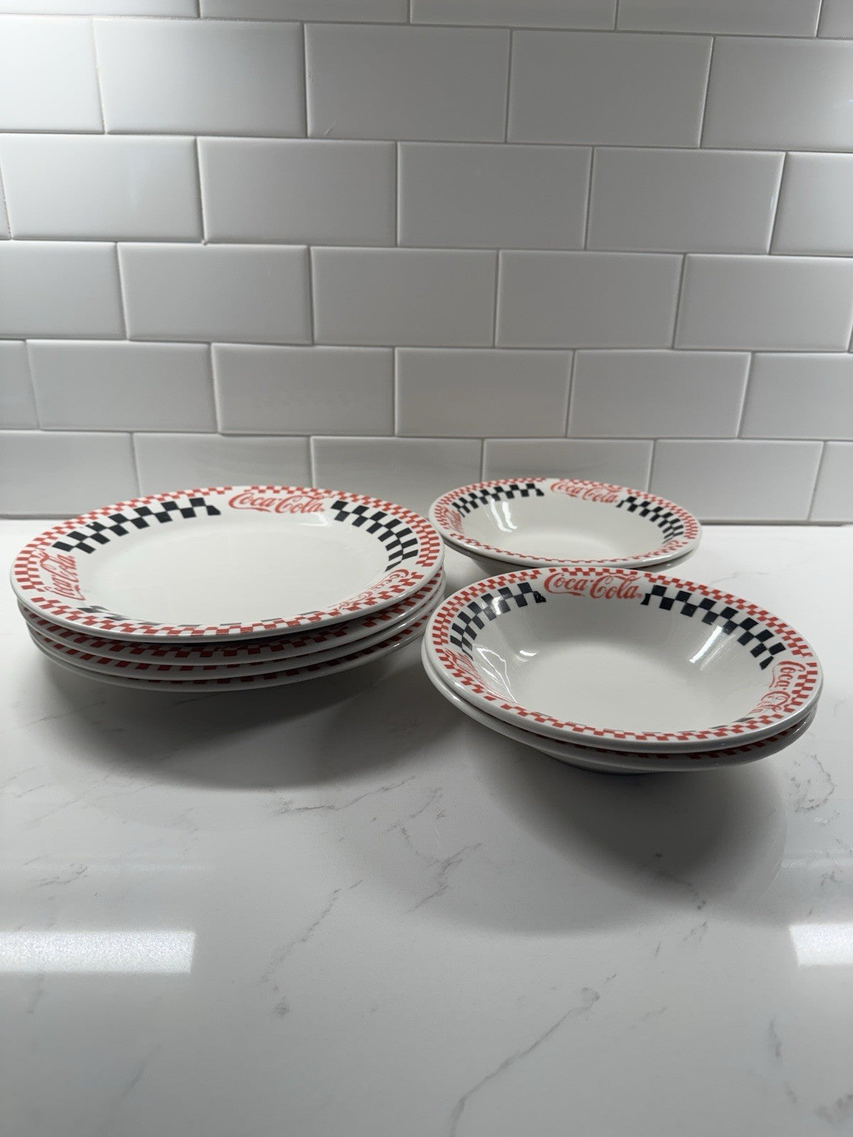 Coca Cola Gibson Racing Red & Black Checkered Dinner Plates & Bowls Set Of 4