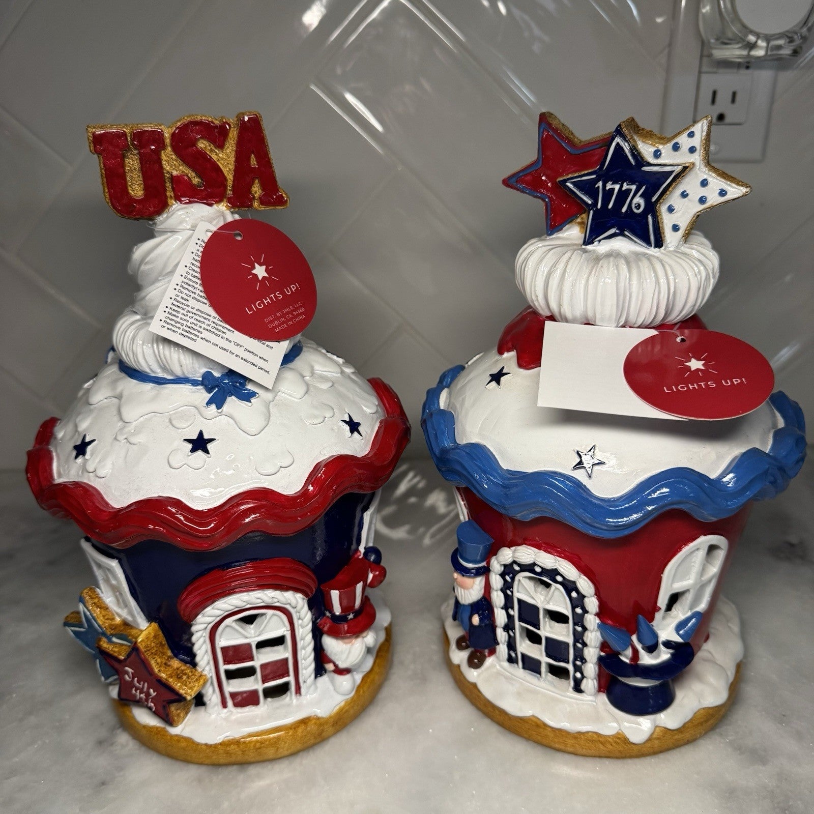 Set of 2 Patriotic Light Up Cupcake Houses USA 1776 July 4th Decor