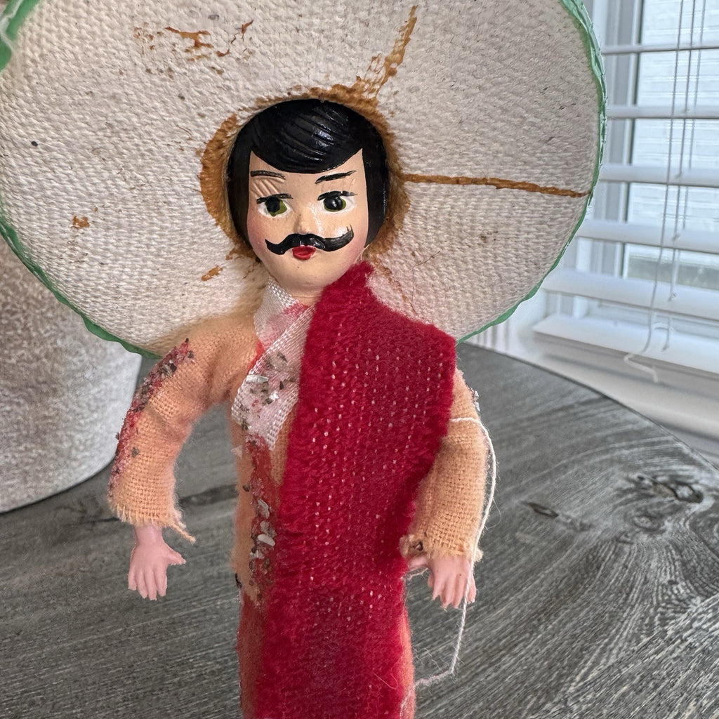 Vintage Mexican Souvenir Doll Mariachi Charro 7.5" Sombrero Serape Wood Base