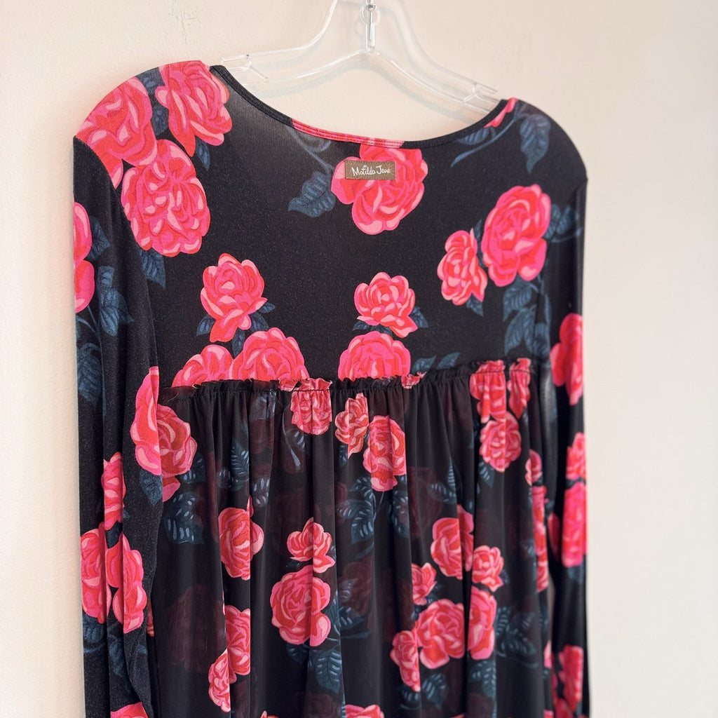 Matilda Jane XS Black Floral Babydoll Tunic Dress Mesh Roses Modal Jersey Soft