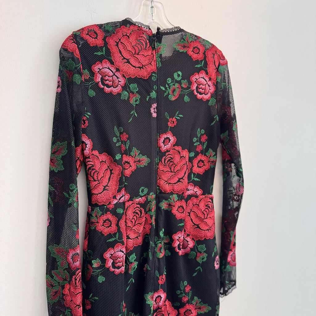 Nasty Gal Collection Women's S Black Mesh Red Rose Floral Embroidered Mini Dress