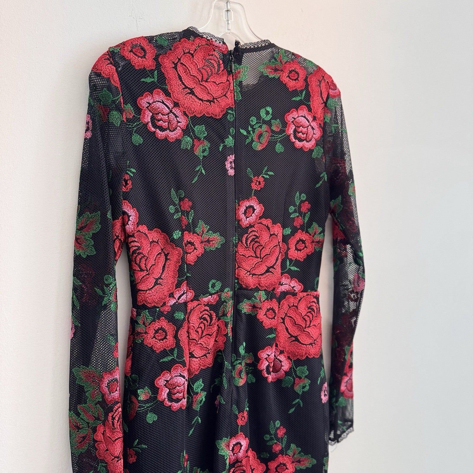 Nasty Gal Collection Women's S Black Mesh Red Rose Floral Embroidered Mini Dress