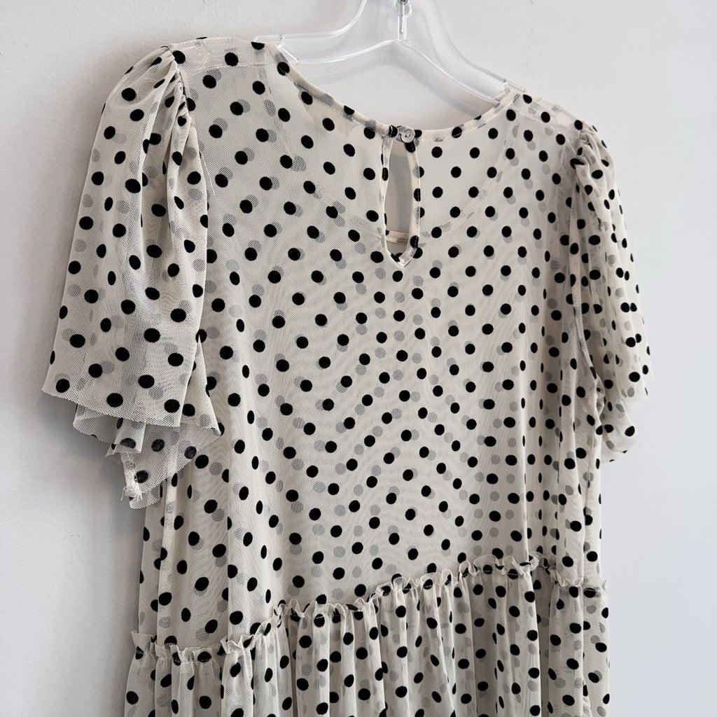 Altar'd State Polka Dot Mesh Tiered Mini Dress Small Tan Black Women’s