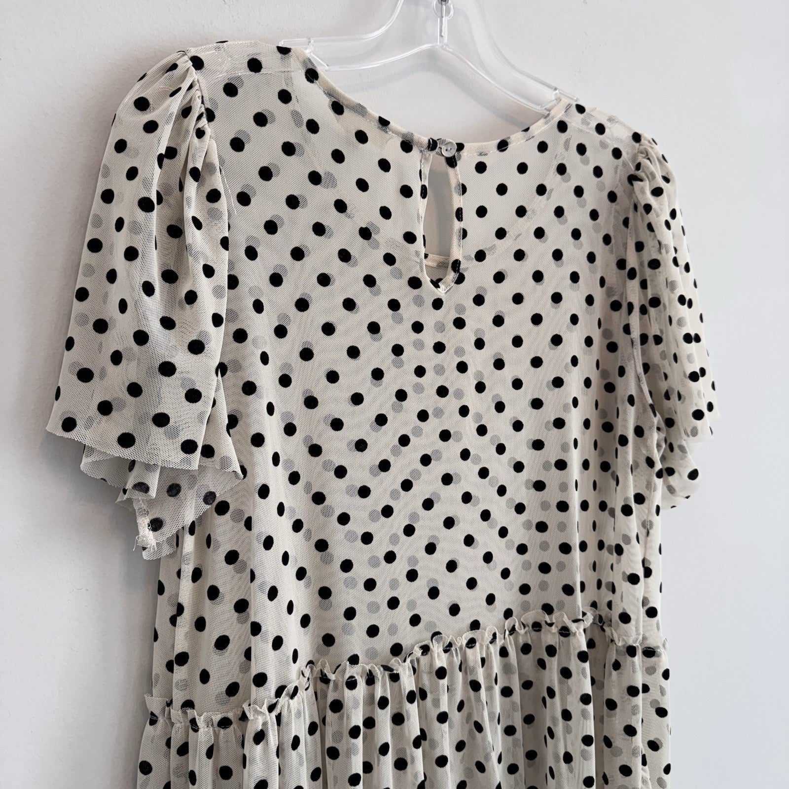 Altar'd State Polka Dot Mesh Tiered Mini Dress Small Tan Black Women’s
