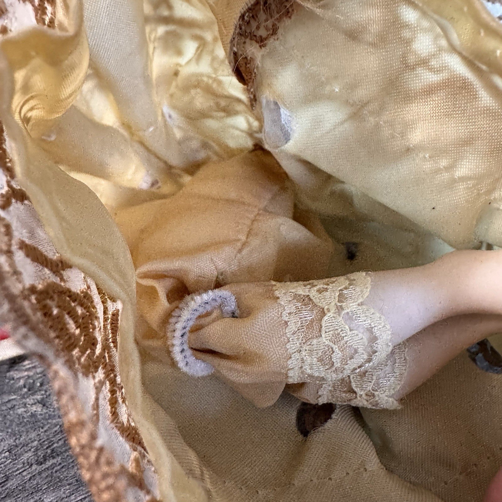 Vintage Bisque Porcelain Angel Doll 8" Gold Lace Dress Musical Lute Tree Topper