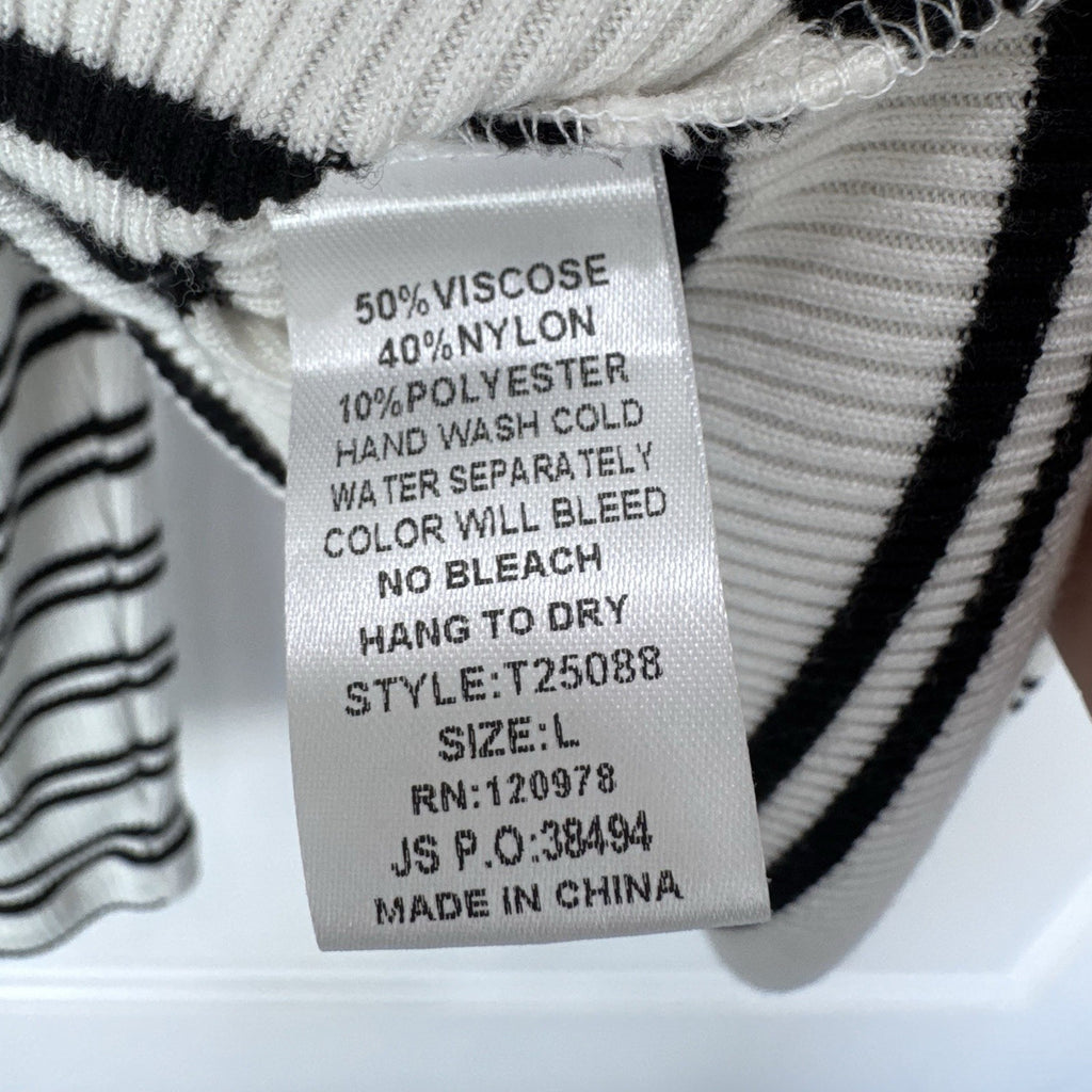 Entro Black White Striped Ribbed Knit Top Women’s Size L Puff Sleeve Long Sleeve