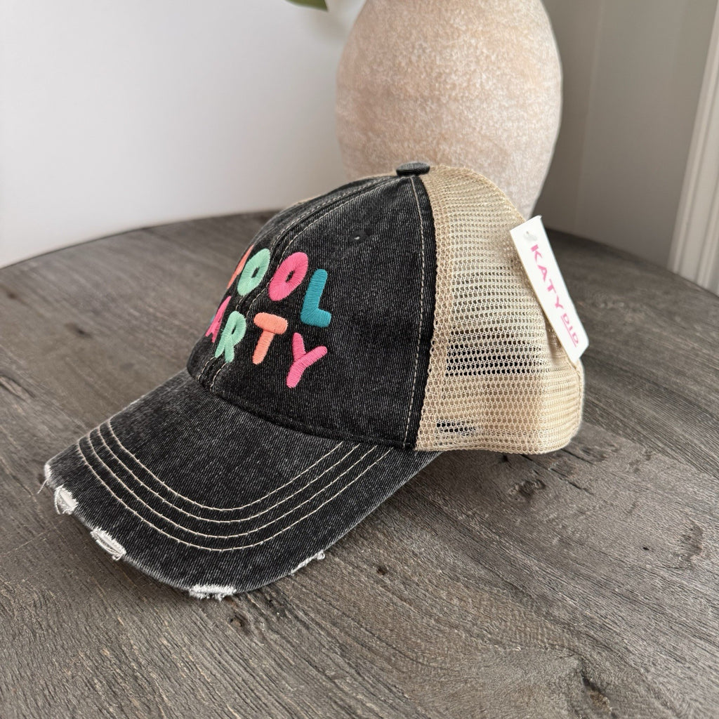 Pool Party Hat KatyDid Trucker Distressed Black Mesh Snapback Cap NWT Boutique