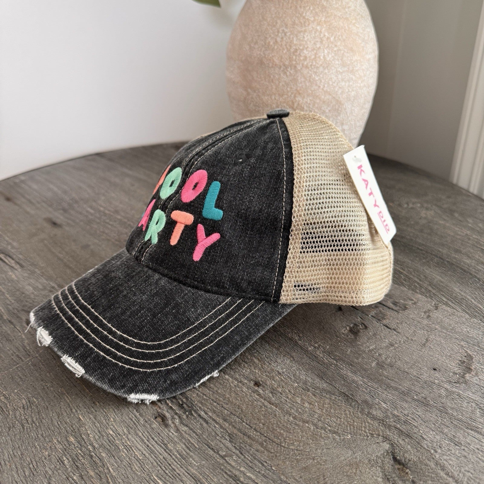 Pool Party Hat KatyDid Trucker Distressed Black Mesh Snapback Cap NWT Boutique