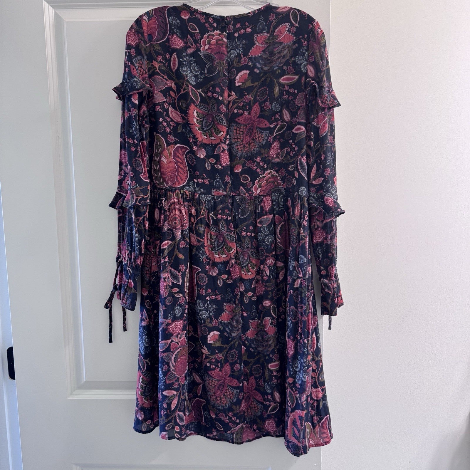 LOFT Floral Ruffle Dress Size 6 Navy Pink Long Sleeve Boho Midi Lined Fall Style