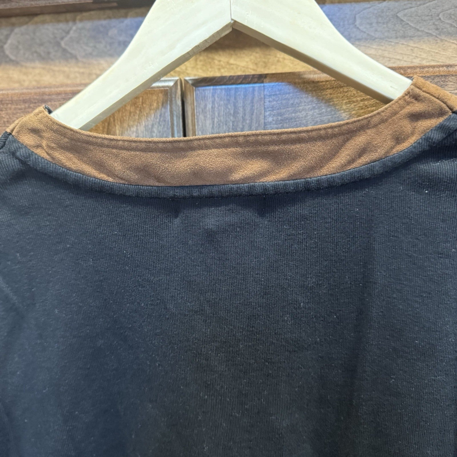 Lauren Ralph Lauren 1X Tunic Top Shirt V Black Brown Faux Suede Trim 3/4 Sleeve