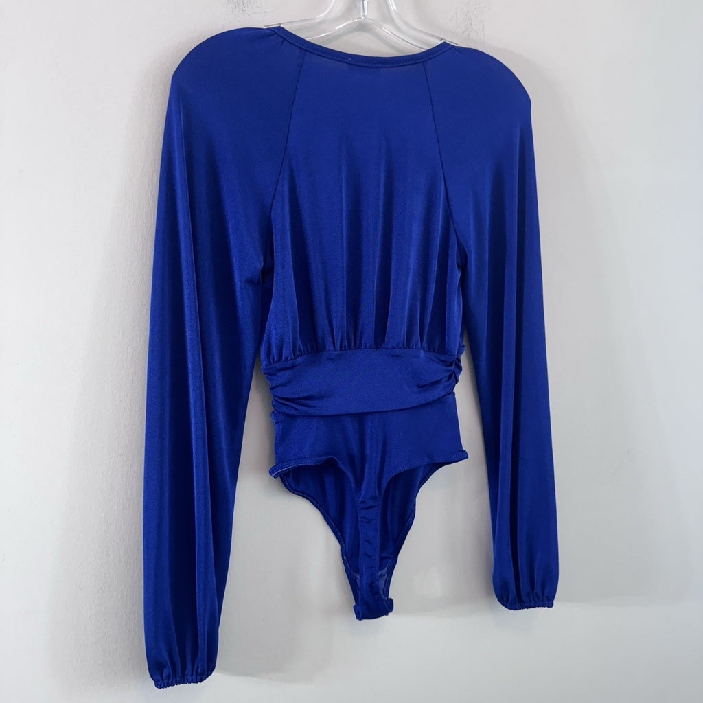Free People Intimately Blue Long Sleeve Bodysuit Deep V Ruched Sz XS