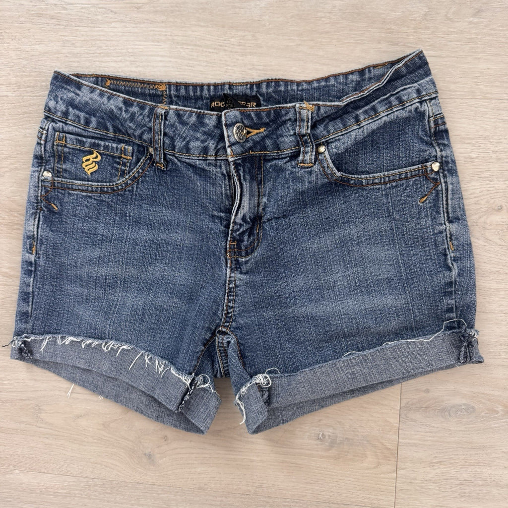 Rocawear Y2K Denim Shorts Sz 5 Low Rise Embroidered Logo Women’s Baddie