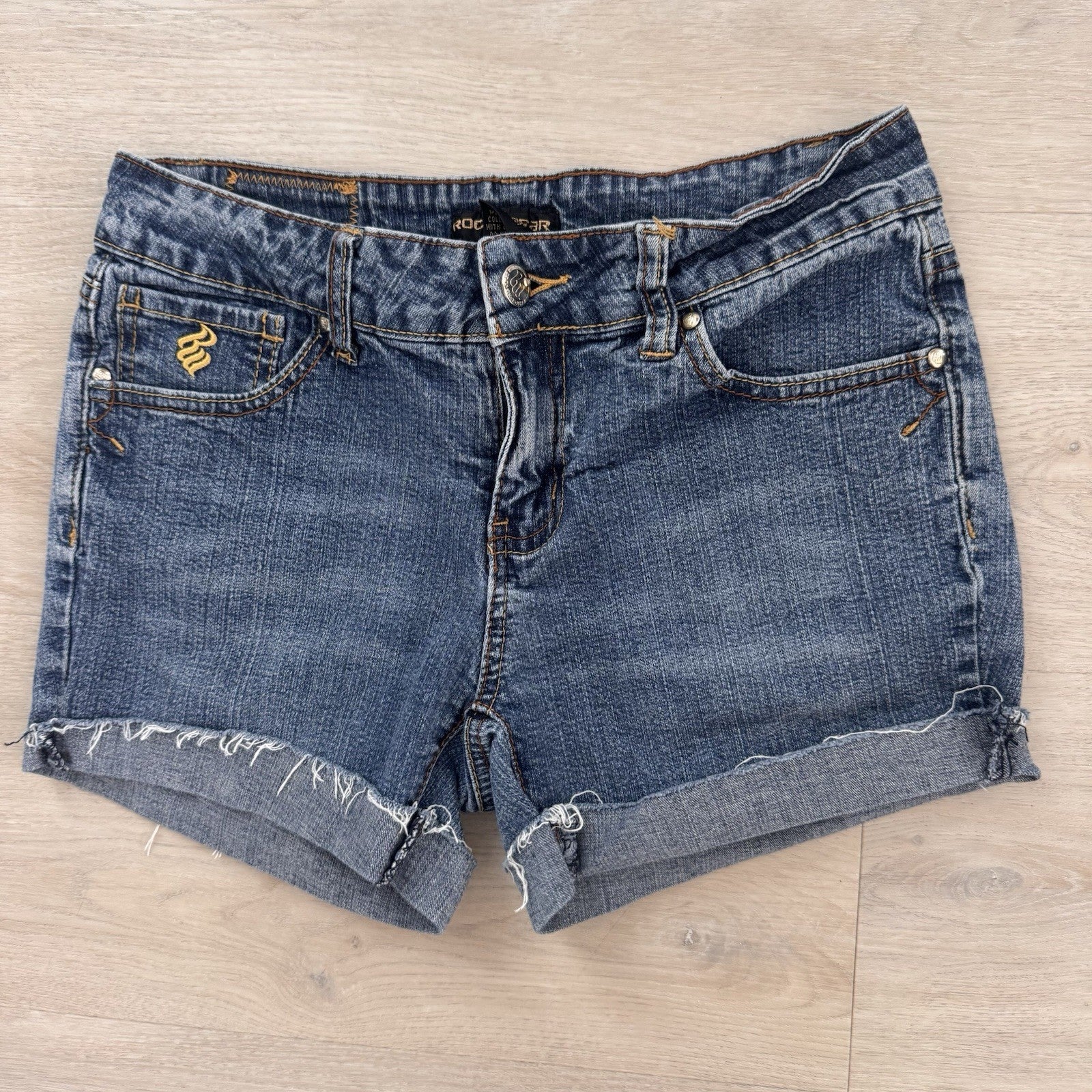 Rocawear Y2K Denim Shorts Sz 5 Low Rise Embroidered Logo Women’s Baddie