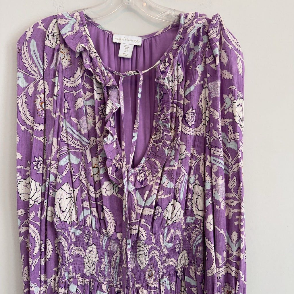 House of Harlow 1960 Paisley Pink Purple Smocked Boho Tiered Short Dress Size S