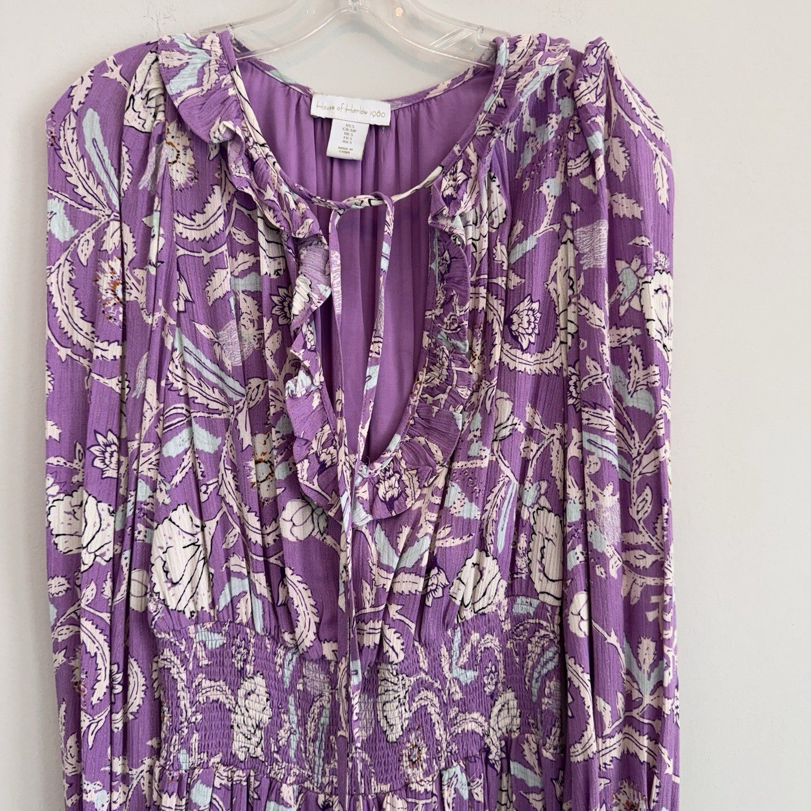 House of Harlow 1960 Paisley Pink Purple Smocked Boho Tiered Short Dress Size S