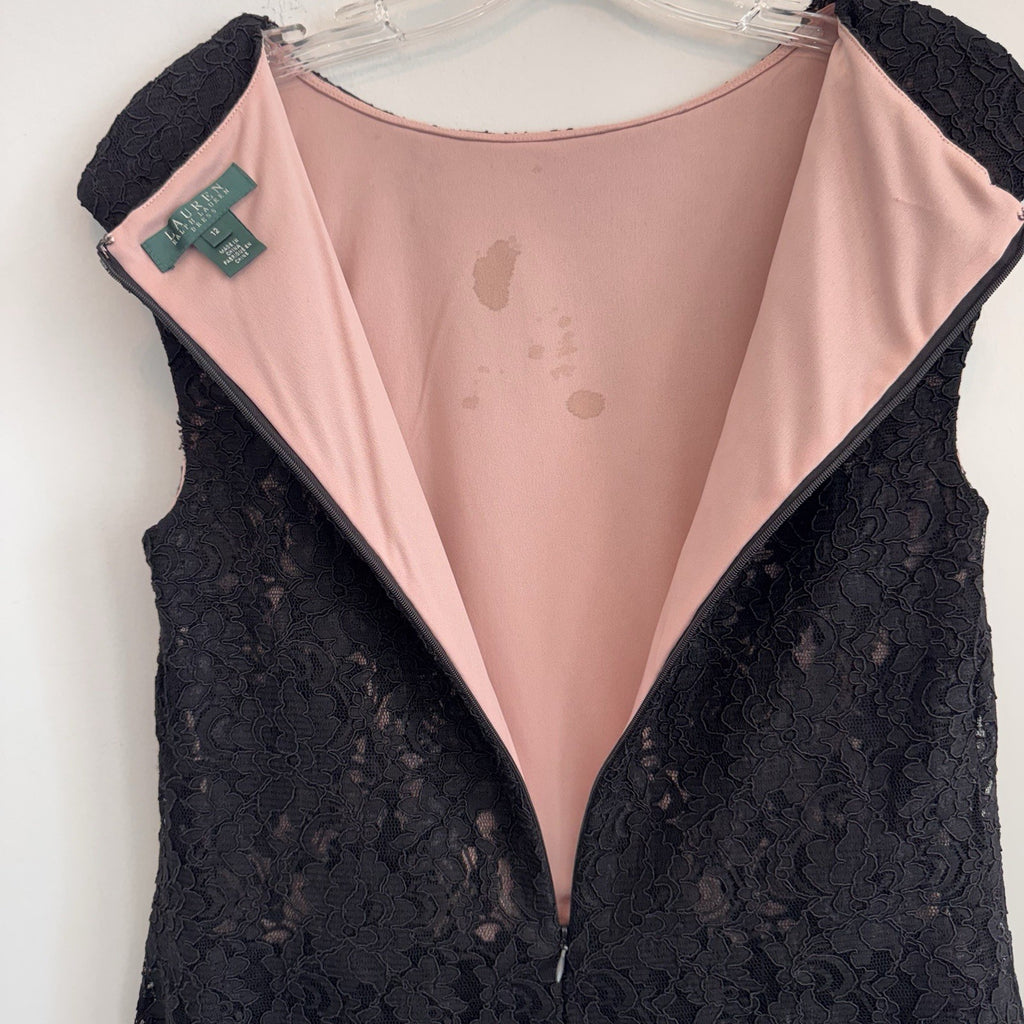 Lauren Ralph Lauren Black Lace Pink Lined Sheath Dress Size 12 Cap Sleeve Womens