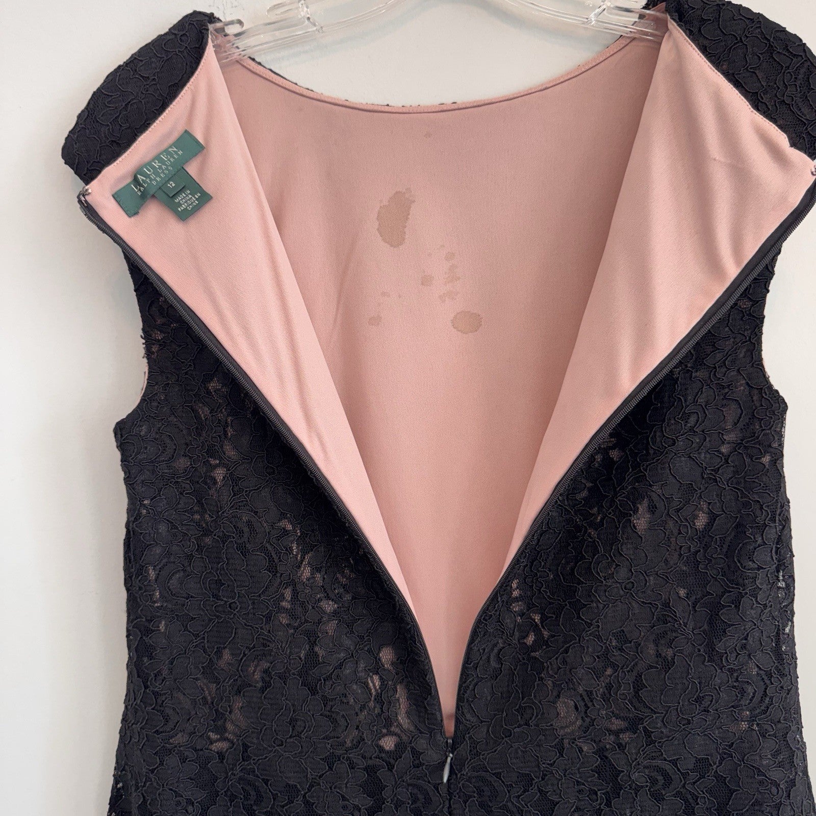 Lauren Ralph Lauren Black Lace Pink Lined Sheath Dress Size 12 Cap Sleeve Womens