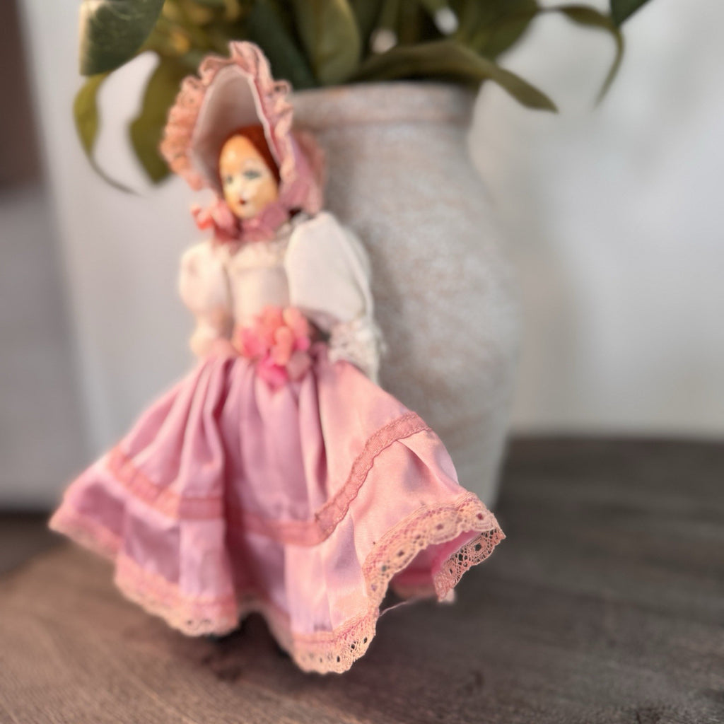 Vintage Bisque Porcelain Doll 8" Southern Belle Pink Satin Lace Dress Bonnet