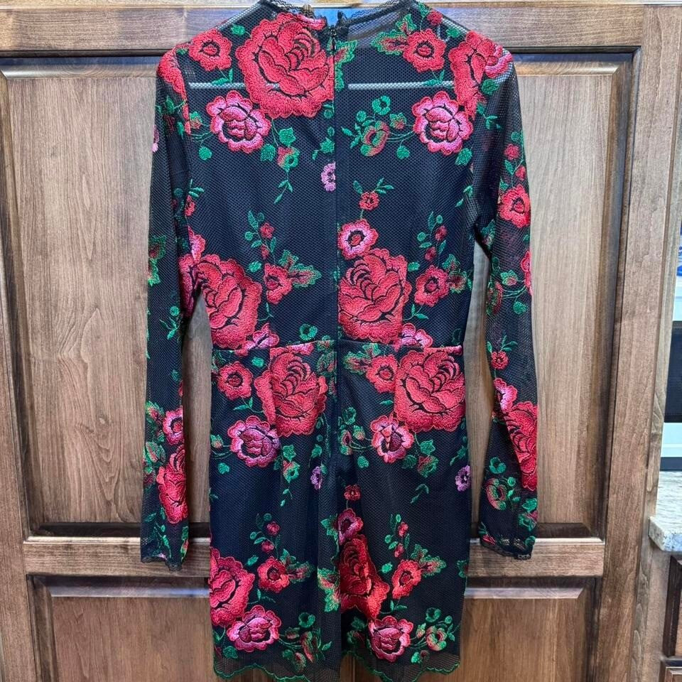 Nasty Gal Collection Floral Mesh Mini Dress Long Sleeve Black Red Green Size S