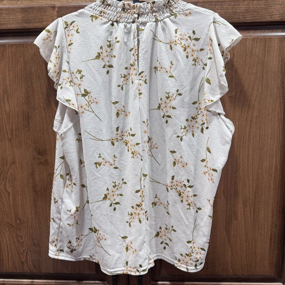 Melloday Floral High Neck Smocked Flutter Sleeve Floral Top Large