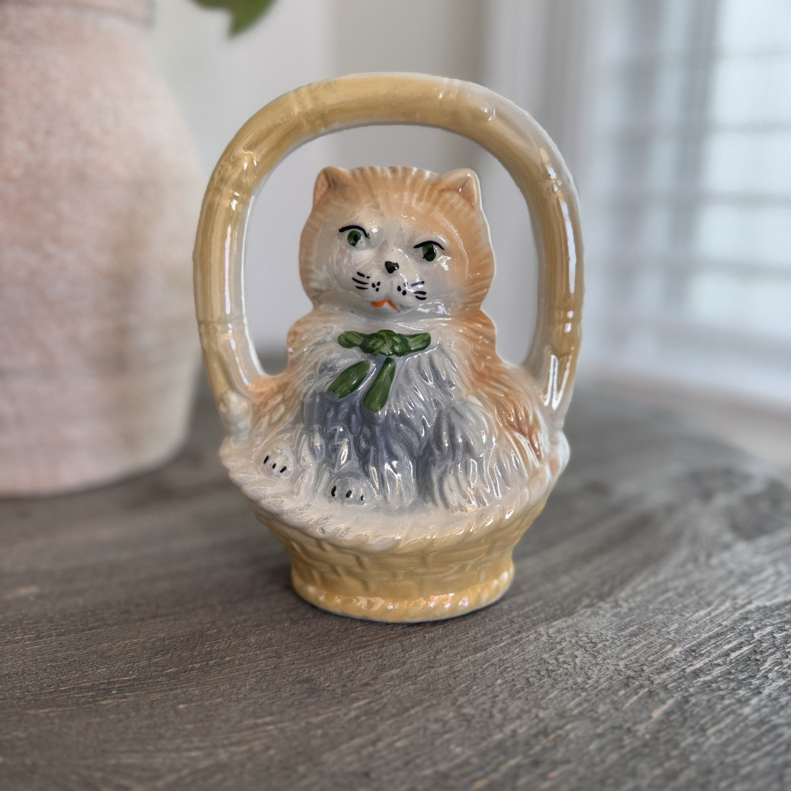 Vintage Ceramic Long Hair Cat in Basket Figurine Made in Brazil Orange White 6"
